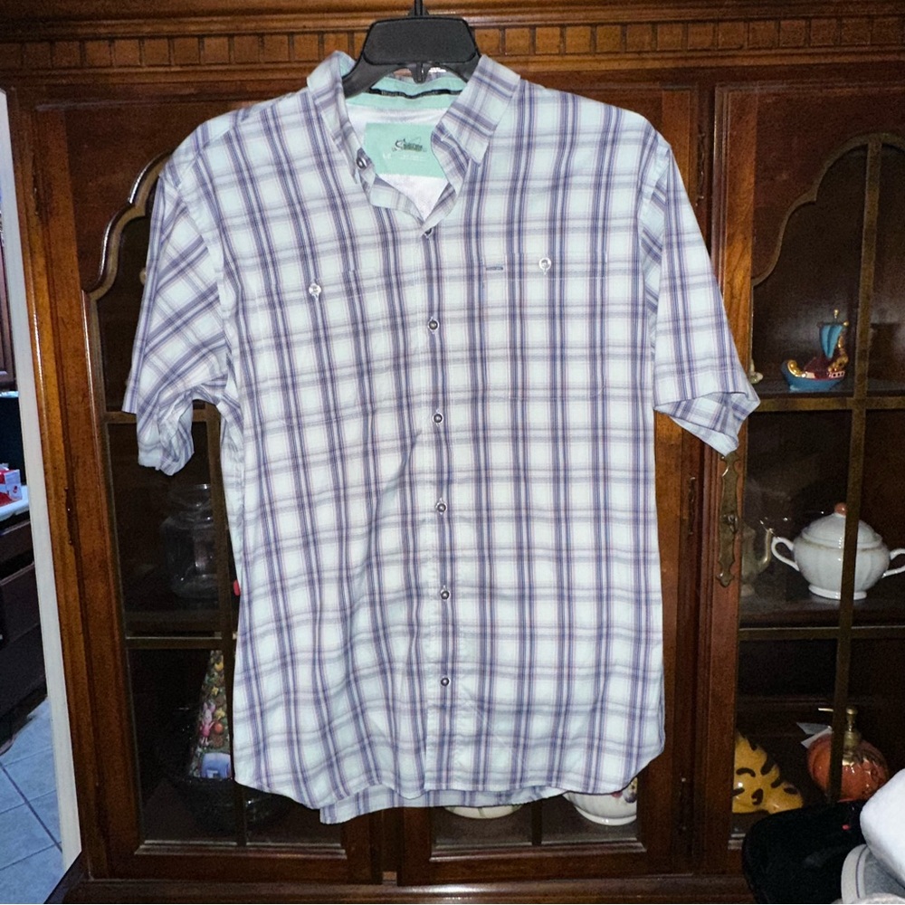 World Wide Sportsman Plaid Short Sleeve Button Front Shirt Blue Green Large
